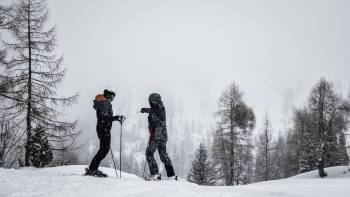 Skifahrer auf Skipiste im dichten Schnee